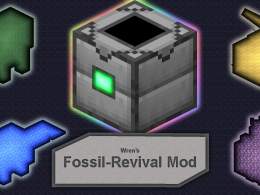 The mod logo, showcasing the Fossil Reviver, as well the original 4 mobs' glowing silhouettes overlaying a tiled background of a block associated with their respective theming.
