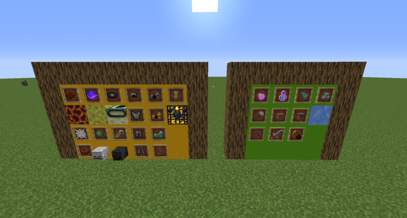 All the items the mods adds or adds a recipe for (1.12.2 is Yellow side only, 1.14.4 also has Green side)